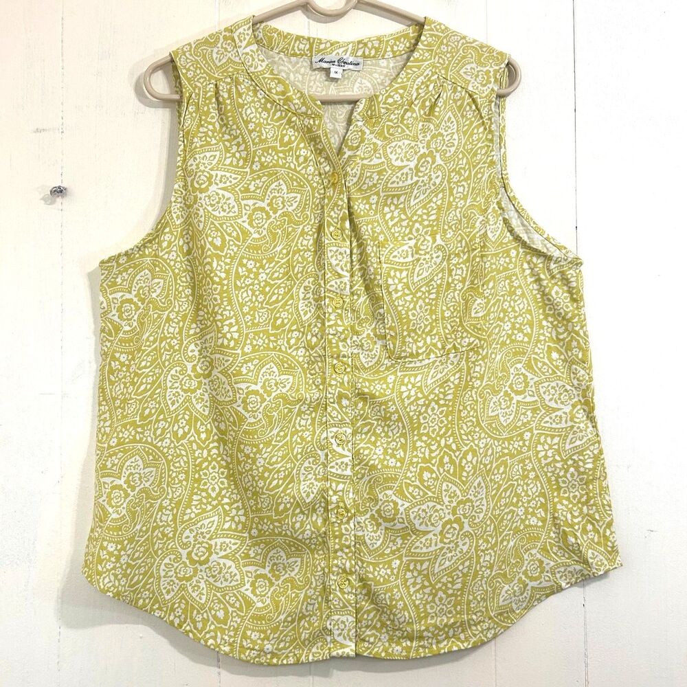Marisa Christina Blouse Women 1X Yellow Lemon Floral Linen Blend Sleeveless Top